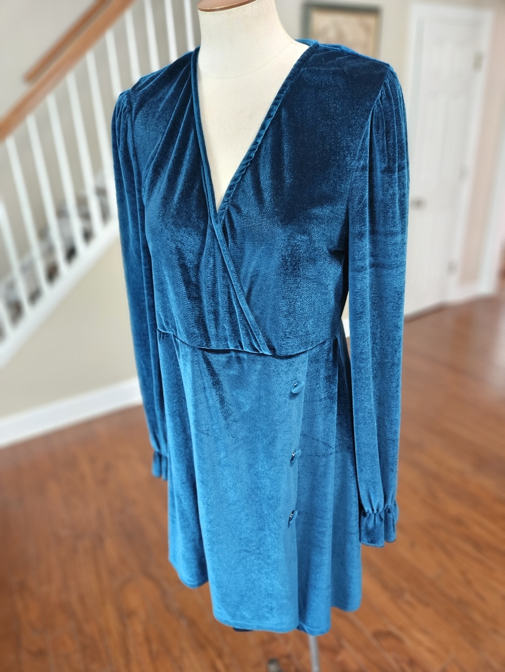 Velvet Wrap-Front Long-Sleeve Dress in Teal
